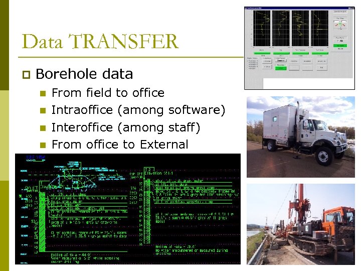 Data TRANSFER p Borehole data n n From field to office Intraoffice (among software)