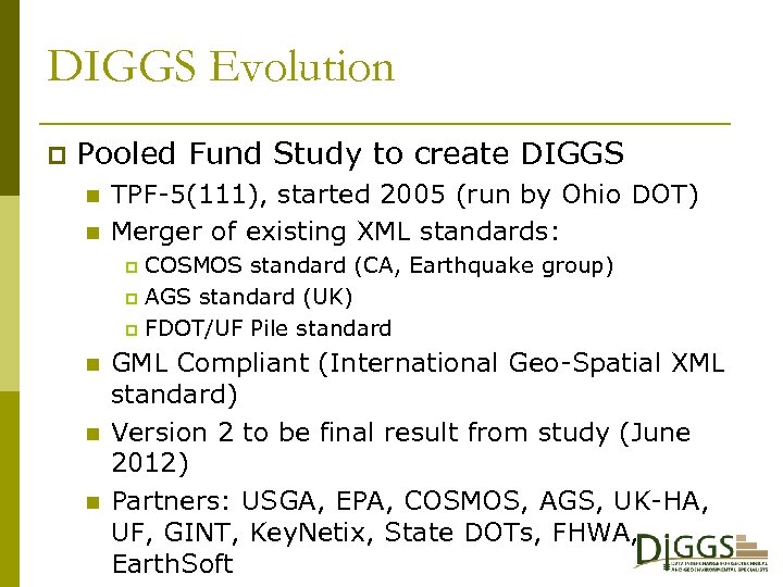 DIGGS Evolution p Pooled Fund Study to create DIGGS n n TPF-5(111), started 2005