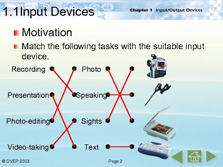 1. 1 Input Devices Motivation Match the following tasks with the suitable input device.