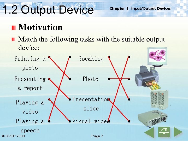1. 2 Output Device Motivation Match the following tasks with the suitable output device: