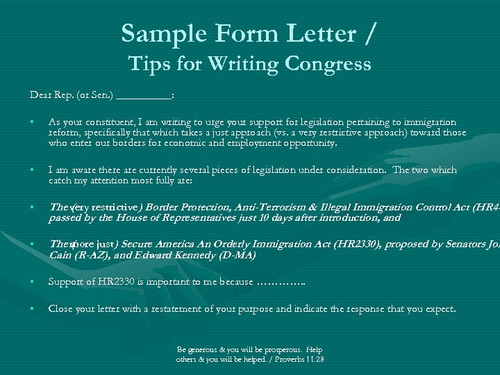 Sample Form Letter / Tips for Writing Congress Dear Rep. (or Sen. ) _____: