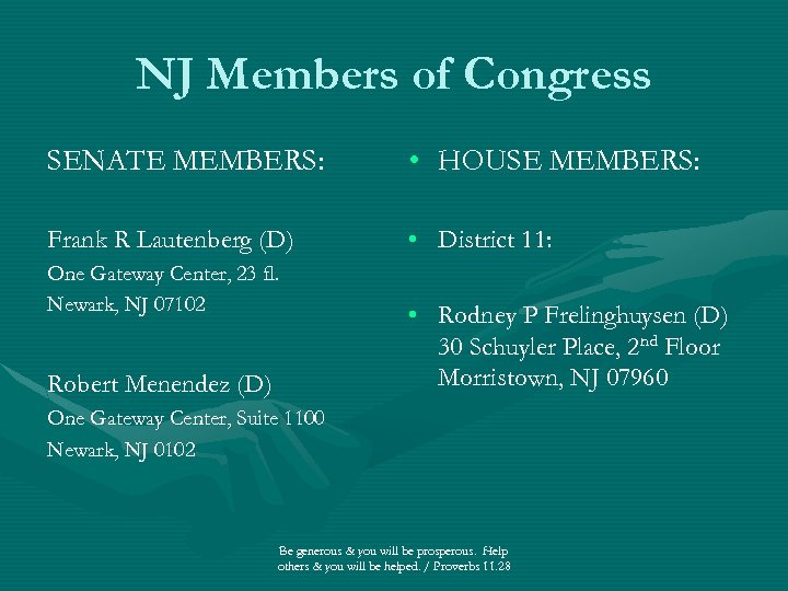 NJ Members of Congress SENATE MEMBERS: • HOUSE MEMBERS: Frank R Lautenberg (D) •