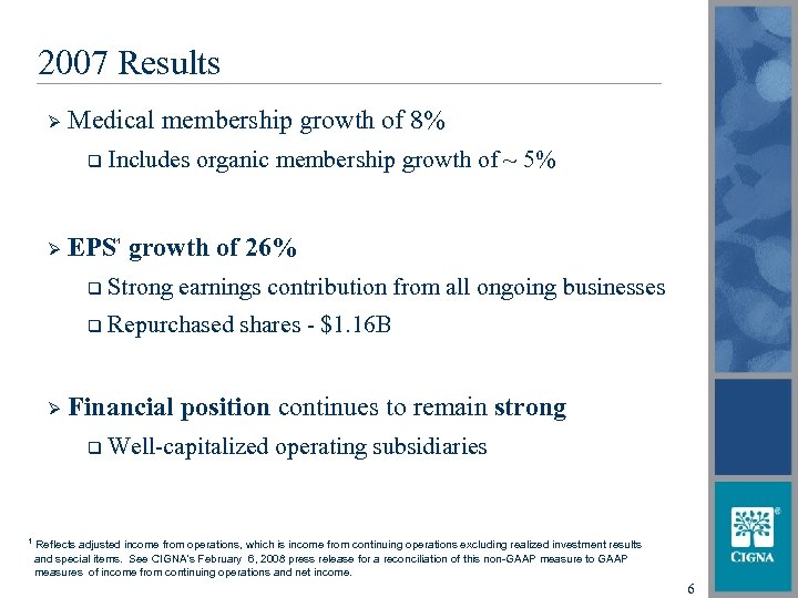 2007 Results Ø Medical membership growth of 8% q Ø Includes organic membership growth