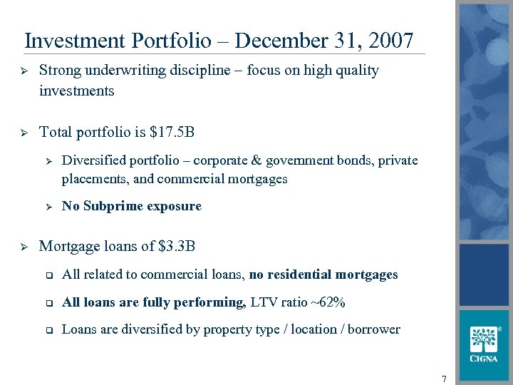 Investment Portfolio – December 31, 2007 Ø Strong underwriting discipline – focus on high