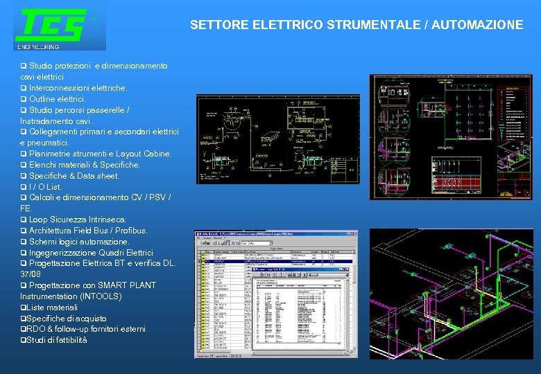 SETTORE ELETTRICO STRUMENTALE / AUTOMAZIONE Studio protezioni e dimensionamento cavi elettrici Interconnessioni elettriche. Outline