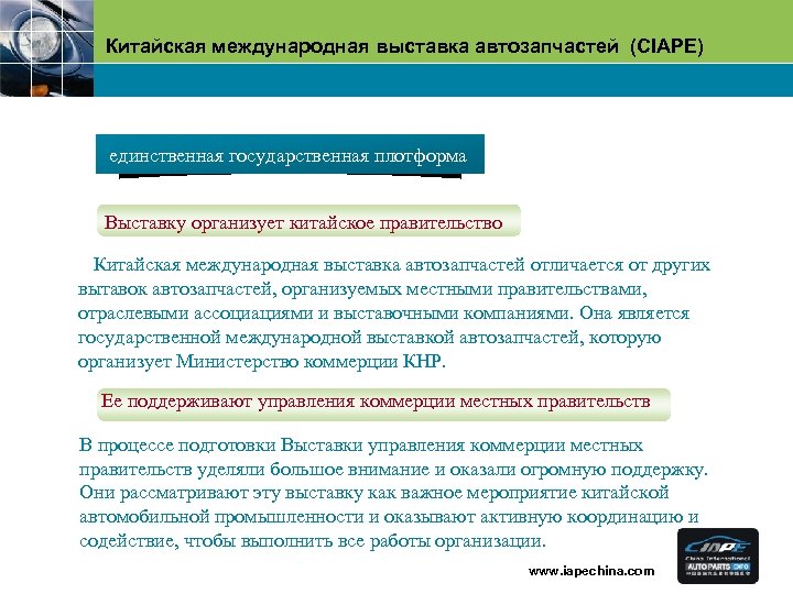 Китайская международная выставка автозапчастей (CIAPE) единственная государственная плотформа Выставку организует китайское правительство Китайская международная