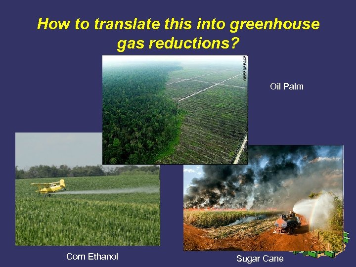 How to translate this into greenhouse gas reductions? Oil Palm Corn Ethanol Sugar Cane