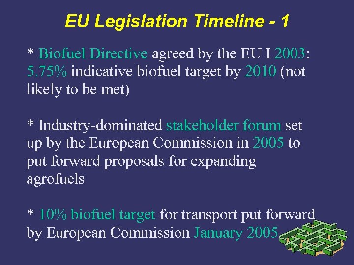 EU Legislation Timeline - 1 * Biofuel Directive agreed by the EU I 2003: