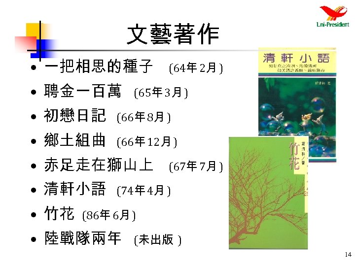 文藝著作 • 一把相思的種子 • 聘金一百萬 (64年 2月 ) (65年 3月 ) • 初戀日記 (66年