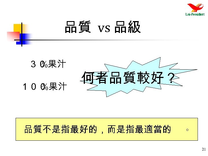 品質 vs 品級 　３０ %果汁 １００ %果汁 何者品質較好？ 品質不是指最好的，而是指最適當的 。 21 