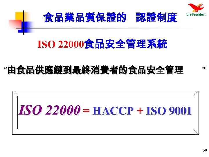 食品業品質保證的 認證制度 ISO 22000食品安全管理系統 “由食品供應鏈到最終消費者的食品安全管理 ” ISO 22000 = HACCP + ISO 9001 38