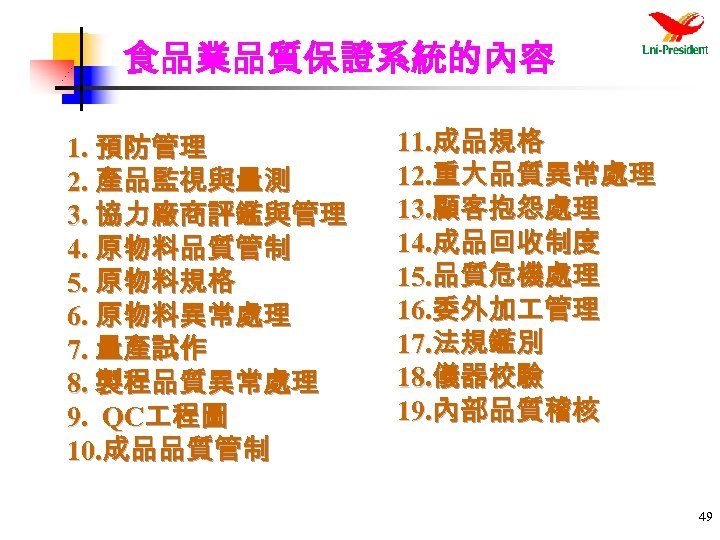 食品業品質保證系統的內容 1. 預防管理 2. 產品監視與量測 3. 協力廠商評鑑與管理 4. 原物料品質管制 5. 原物料規格 6. 原物料異常處理 7.