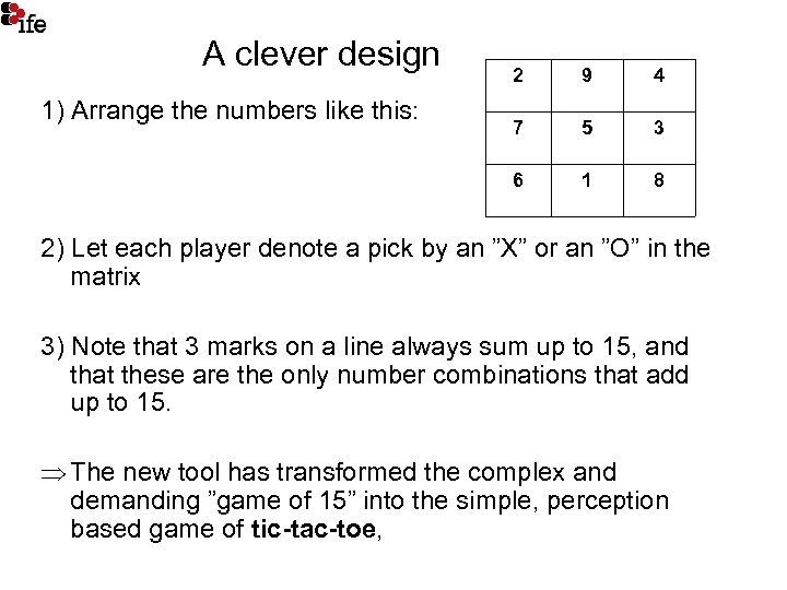 A clever design 9 4 7 5 3 6 1) Arrange the numbers like