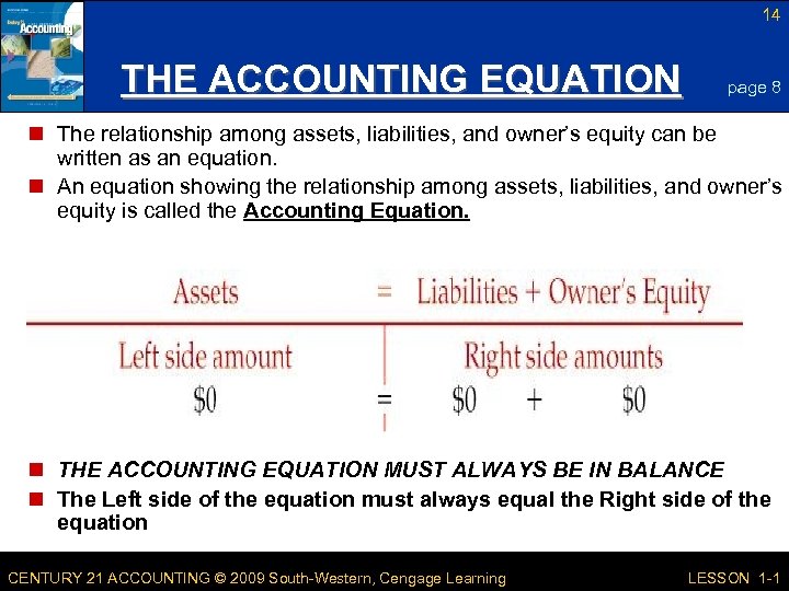 14 THE ACCOUNTING EQUATION page 8 n The relationship among assets, liabilities, and owner’s