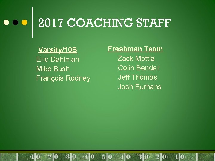 2017 COACHING STAFF Varsity/10 B Eric Dahlman Mike Bush François Rodney Freshman Team Zack