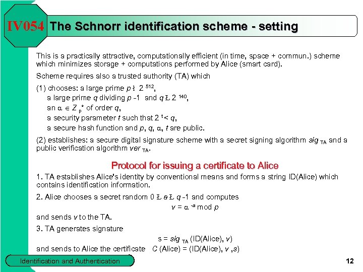 IV 054 The Schnorr identification scheme - setting This is a practically attractive, computationally