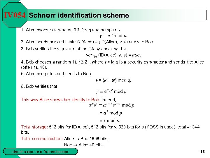 IV 054 Schnorr identification scheme 1. Alice chooses a random 0 Ł k <