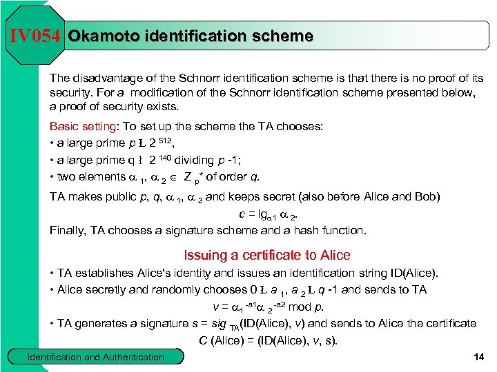 IV 054 Okamoto identification scheme The disadvantage of the Schnorr identification scheme is that
