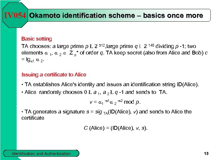 IV 054 Okamoto identification scheme – basics once more Basic setting TA chooses: a