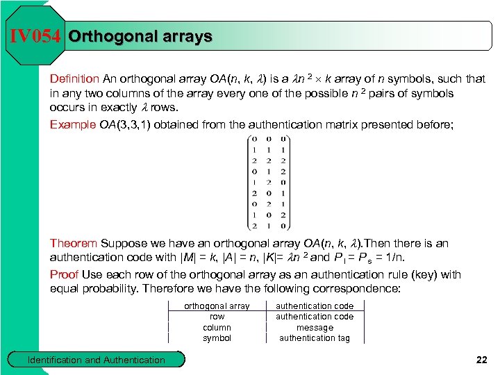 IV 054 Orthogonal arrays Definition An orthogonal array OA(n, k, l) is a ln