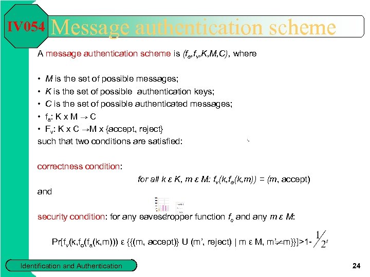 IV 054 Message authentication scheme A message authentication scheme is (fa, fv, K, M,