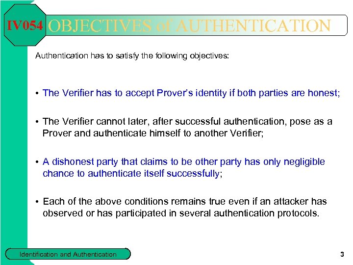 IV 054 OBJECTIVES of AUTHENTICATION Authentication has to satisfy the following objectives: • The