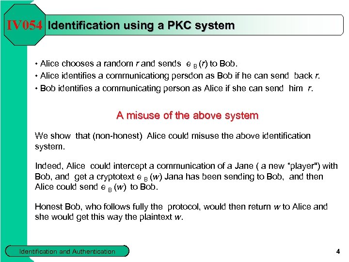 IV 054 Identification using a PKC system • Alice chooses a random r and