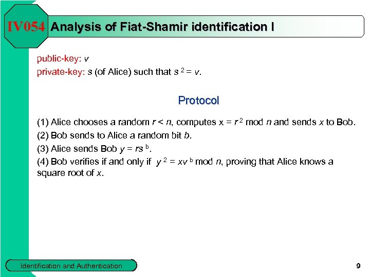 IV 054 Analysis of Fiat-Shamir identification I public-key: v private-key: s (of Alice) such