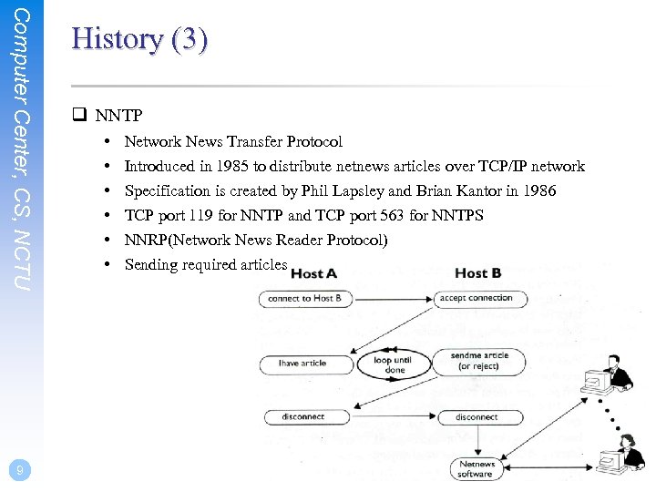 Computer Center, CS, NCTU 9 History (3) q NNTP • • • Network News