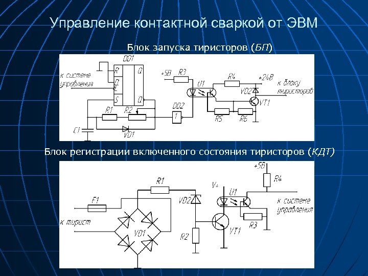 Управление контактной сваркой от ЭВМ Блок запуска тиристоров (БП) Блок регистрации включенного состояния тиристоров