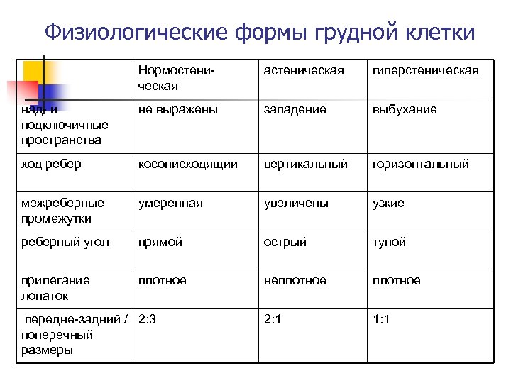 Физиологические формы грудной клетки Нормостеническая астеническая гиперстеническая над- и подключичные пространства не выражены западение