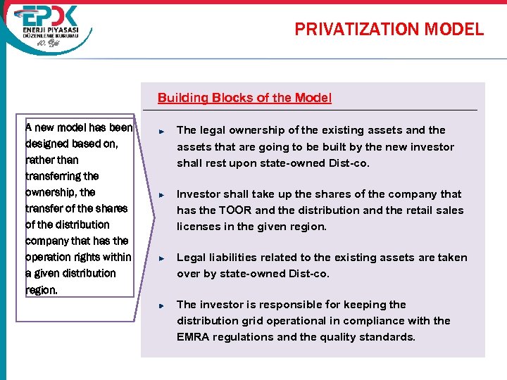 10. Yıl PRIVATIZATION MODEL Building Blocks of the Model A new model has been