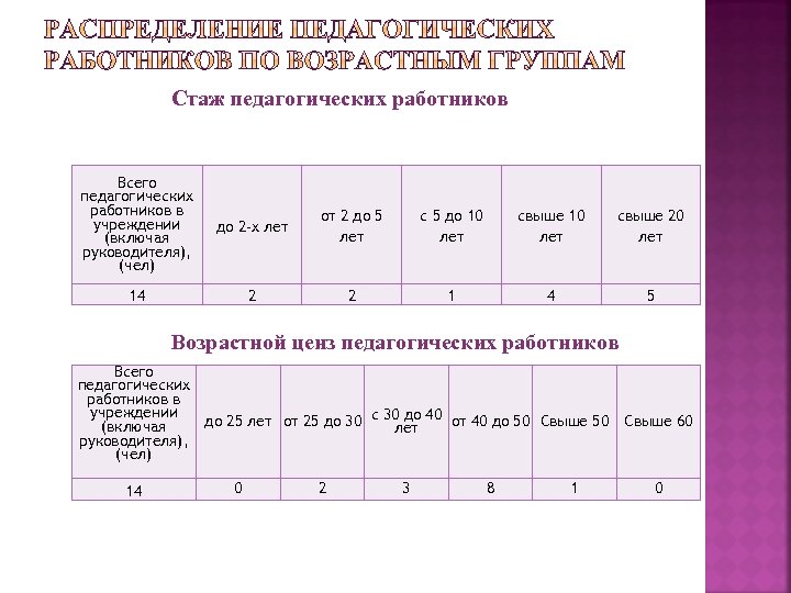 Стаж педагогических работников Всего педагогических работников в учреждении (включая руководителя), (чел) до 2 -х