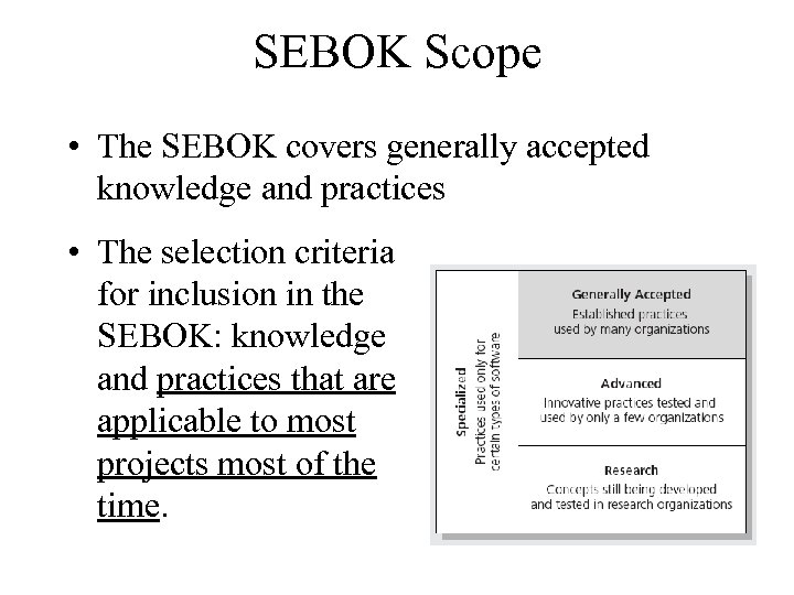 SEBOK Scope • The SEBOK covers generally accepted knowledge and practices • The selection