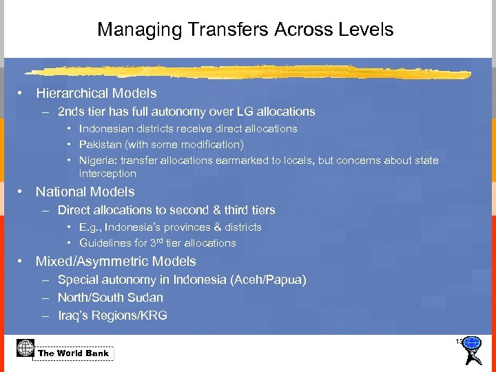 Managing Transfers Across Levels • Hierarchical Models – 2 nds tier has full autonomy