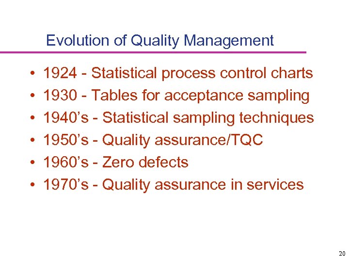 Evolution of Quality Management • • • 1924 - Statistical process control charts 1930
