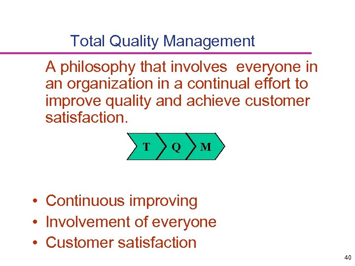 Total Quality Management A philosophy that involves everyone in an organization in a continual