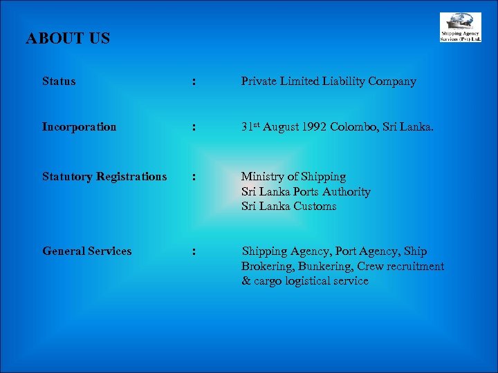 ABOUT US Status : Private Limited Liability Company Incorporation : 31 st August 1992