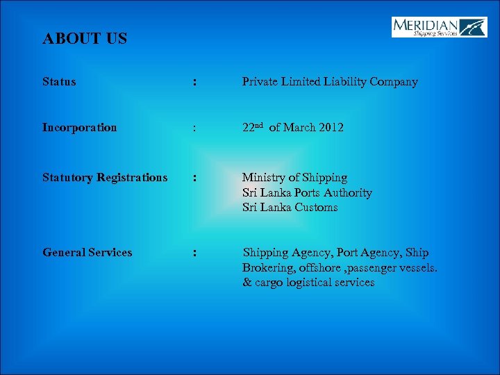 ABOUT US Status : Private Limited Liability Company Incorporation : 22 nd of March