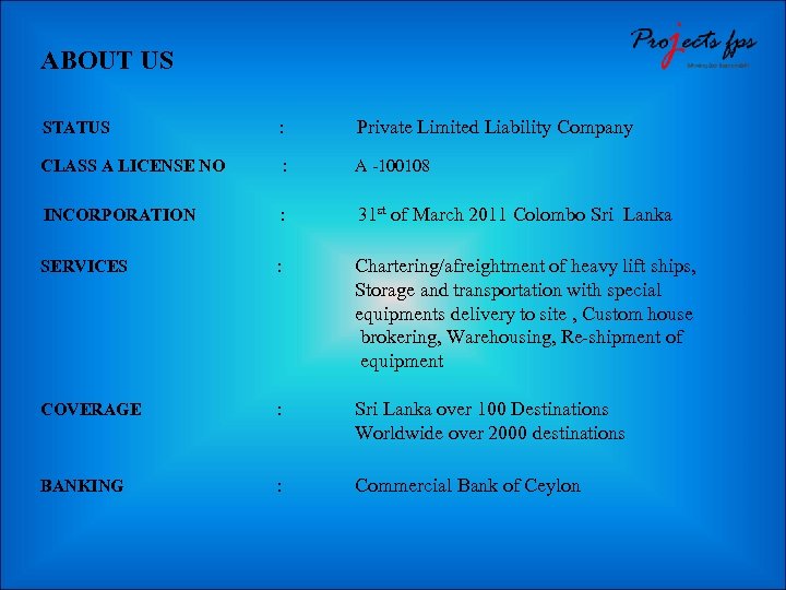 ABOUT US STATUS : Private Limited Liability Company CLASS A LICENSE NO : A