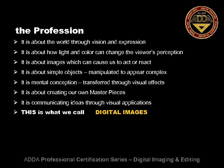 the Profession Ø It is about the world through vision and expression Ø It