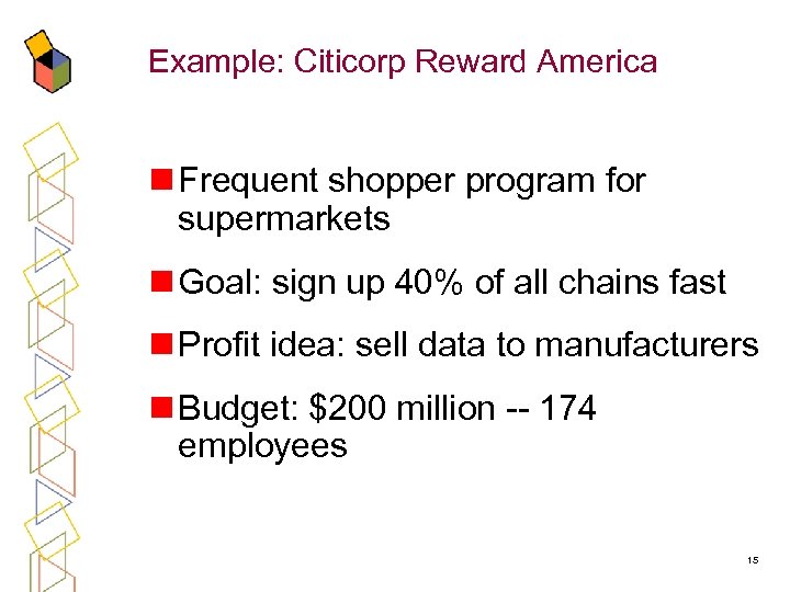 Example: Citicorp Reward America n Frequent shopper program for supermarkets n Goal: sign up