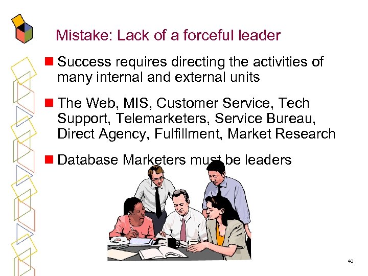 Mistake: Lack of a forceful leader n Success requires directing the activities of many