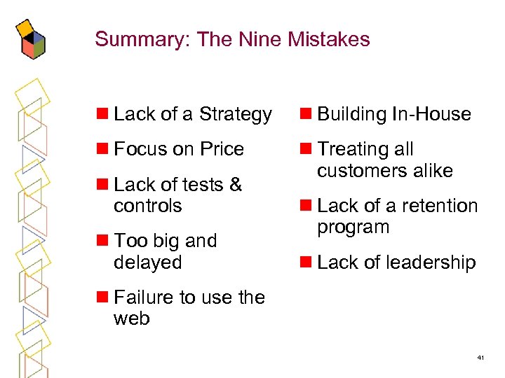Summary: The Nine Mistakes n Lack of a Strategy n Building In-House n Focus