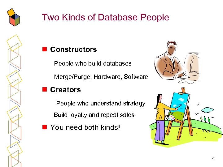 Two Kinds of Database People n Constructors People who build databases Merge/Purge, Hardware, Software
