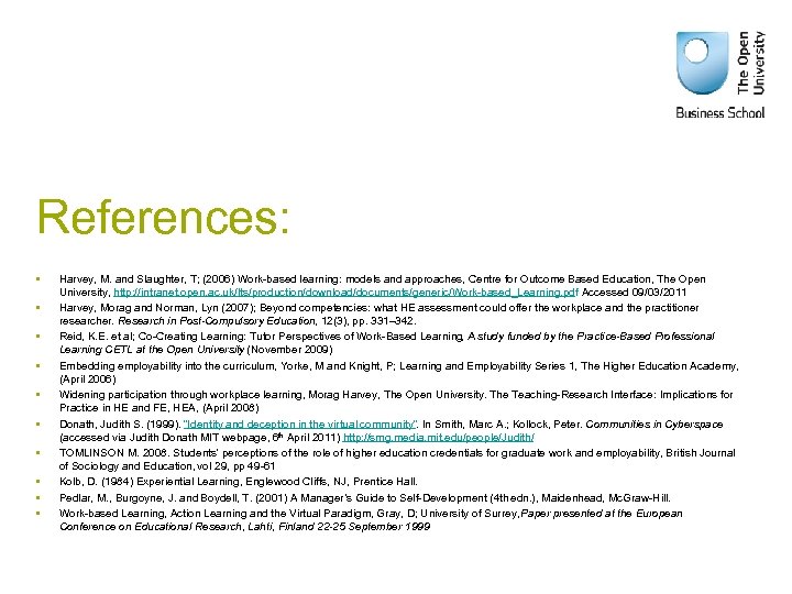 References: • • • Harvey, M. and Slaughter, T; (2006) Work-based learning: models and