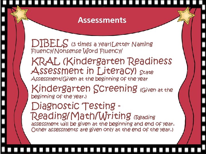 Assessments DIBELS (3 times a year)Letter Naming Fluency/Nonsense Word Fluency/ KRAL (Kindergarten Readiness Assessment