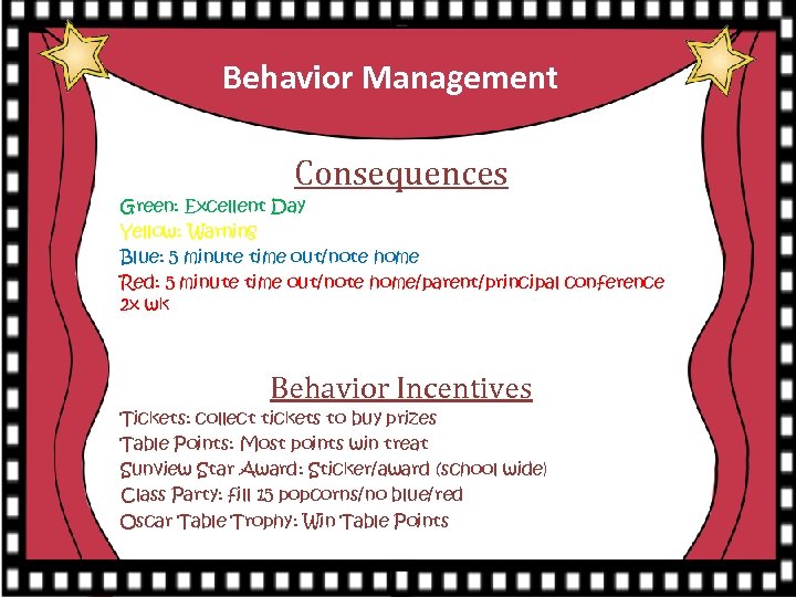 Behavior Management Consequences Green: Excellent Day Yellow: Warning Blue: 5 minute time out/note home