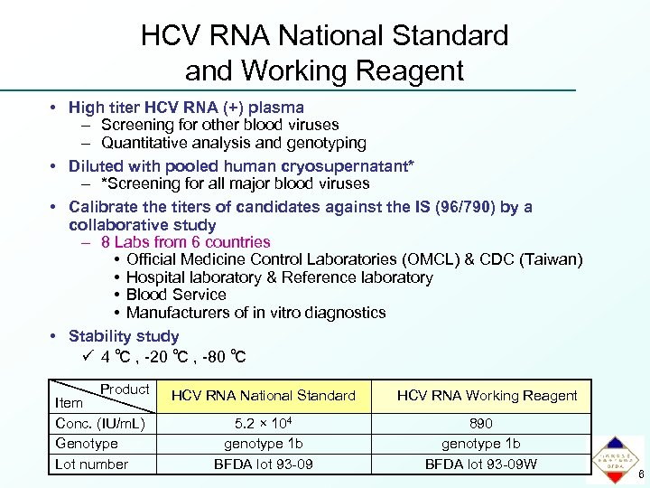 HCV RNA National Standard and Working Reagent • High titer HCV RNA (+) plasma