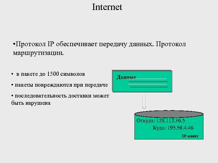 Internet • Протокол IP обеспечивает передачу данных. Протокол маршрутизации. • в пакете до 1500